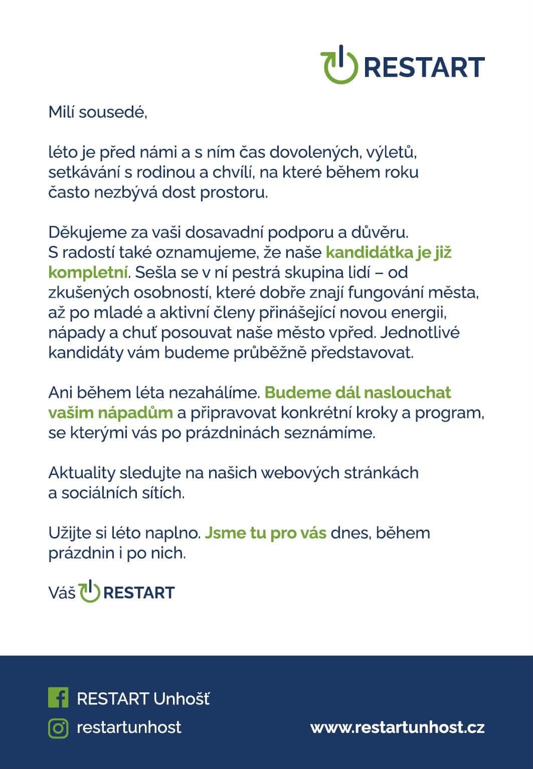 Letní pozdrav sdružení RESTART sousedům s oznámením, že kandidátka je kompletní a že program představí po prázdninách