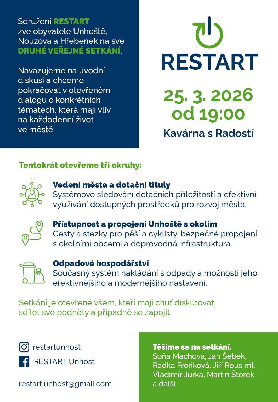 Plakát na druhé veřejné setkání sdružení RESTART 25. 3. 2026 od 19:00 v Kavárně s Radostí se třemi tématy: vedení města a dotační tituly, přístupnost a propojení Unhoště s okolím, odpadové hospodářství